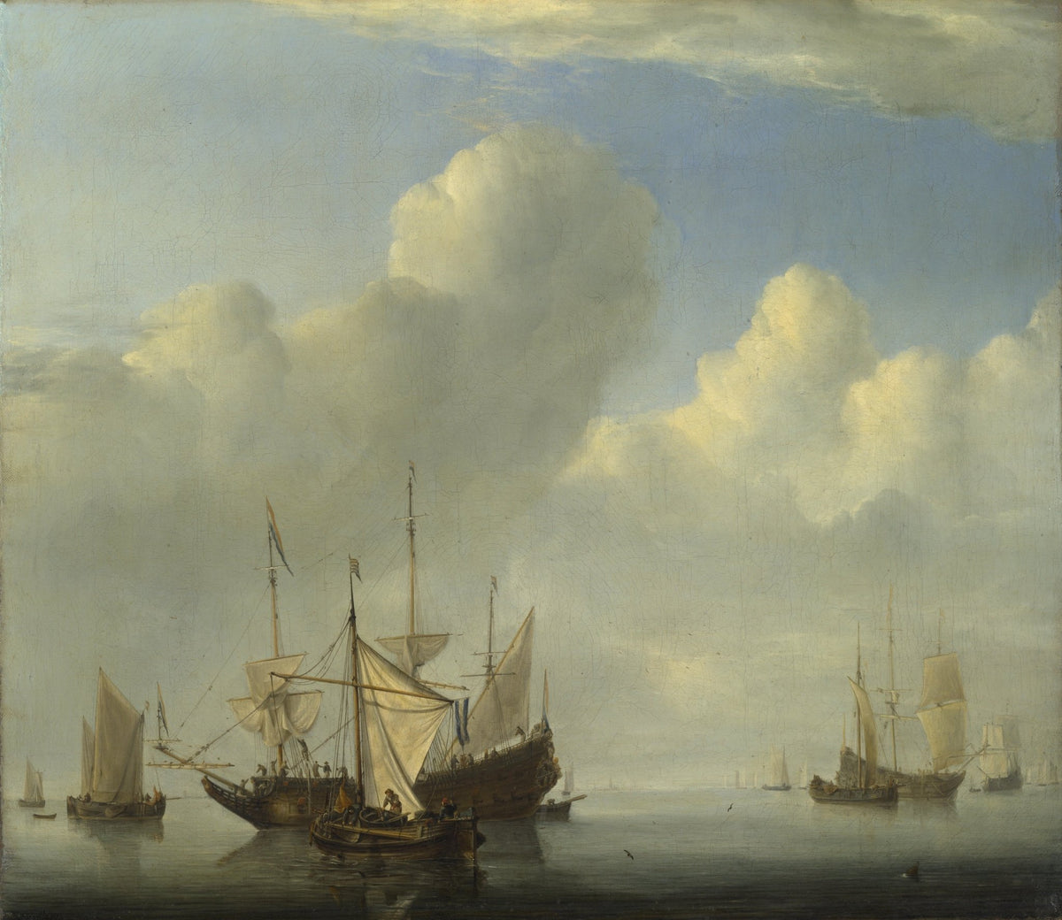 Hand-painted Dutch ship anchoring in calm waters nautical oil painting on canvas