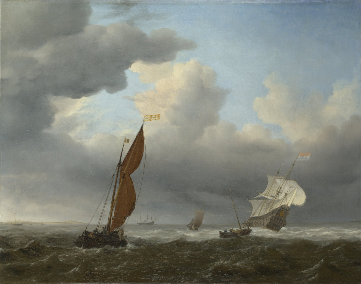 Hand-painted Dutch ship and sloops in strong breeze nautical oil painting on canvas