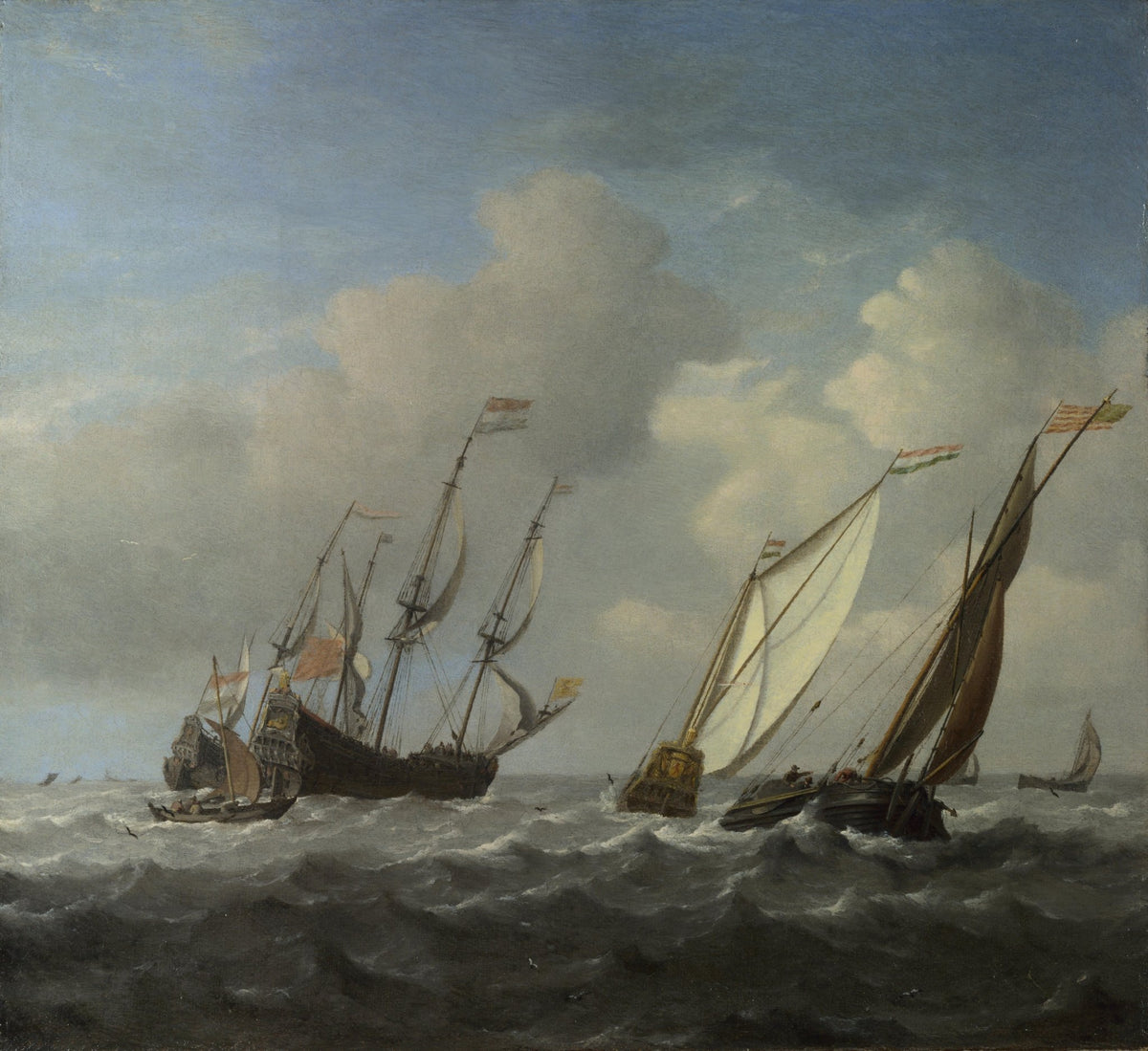 Hand-painted Dutch ship and yacht in a breeze nautical oil painting on canvas