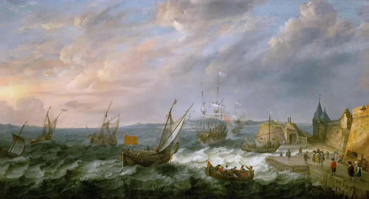 Hand-painted Dutch ships at stormy fortress coast nautical oil painting on canvas