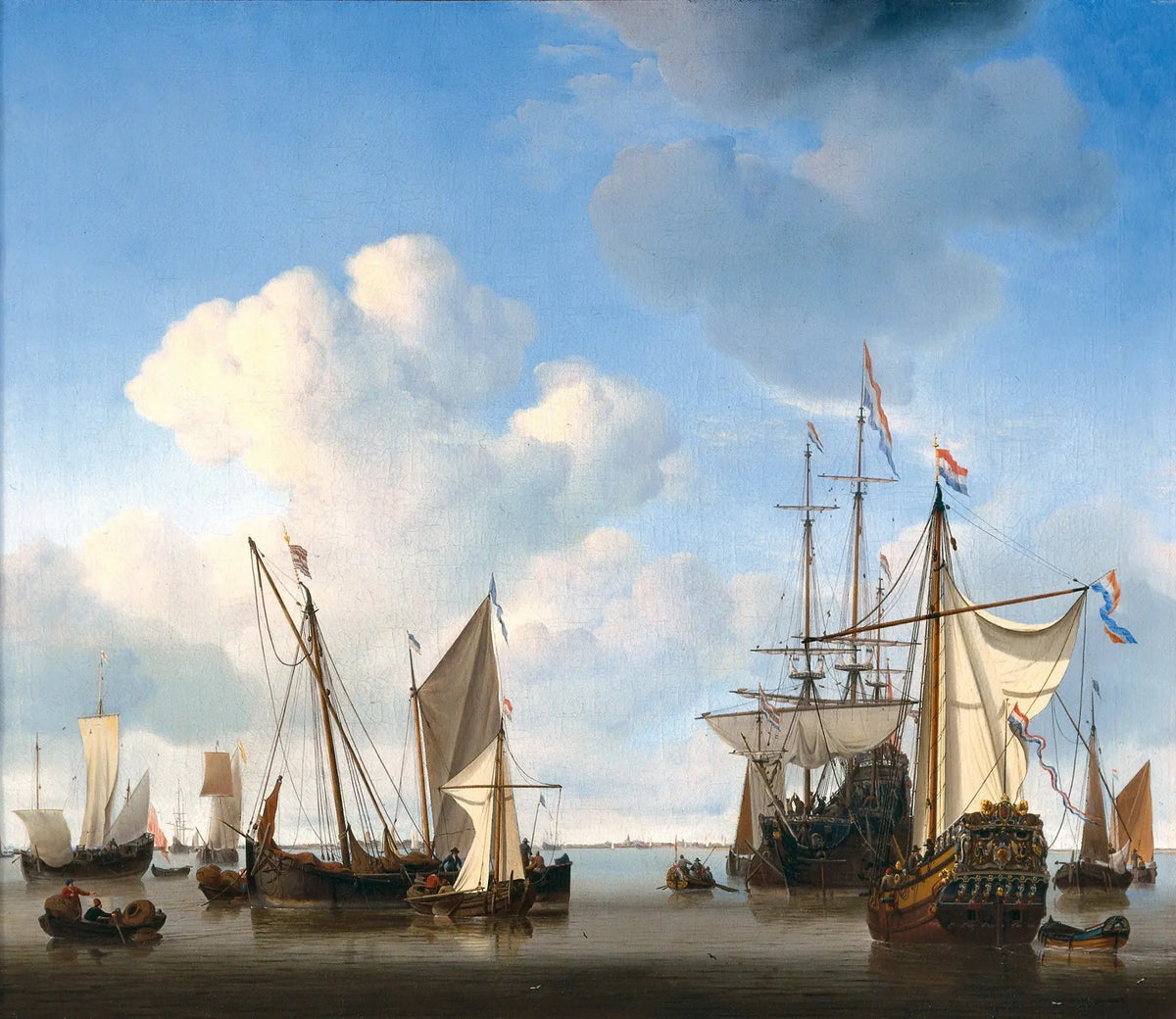 Hand-painted Dutch ships in calm harbor nautical oil painting on canvas