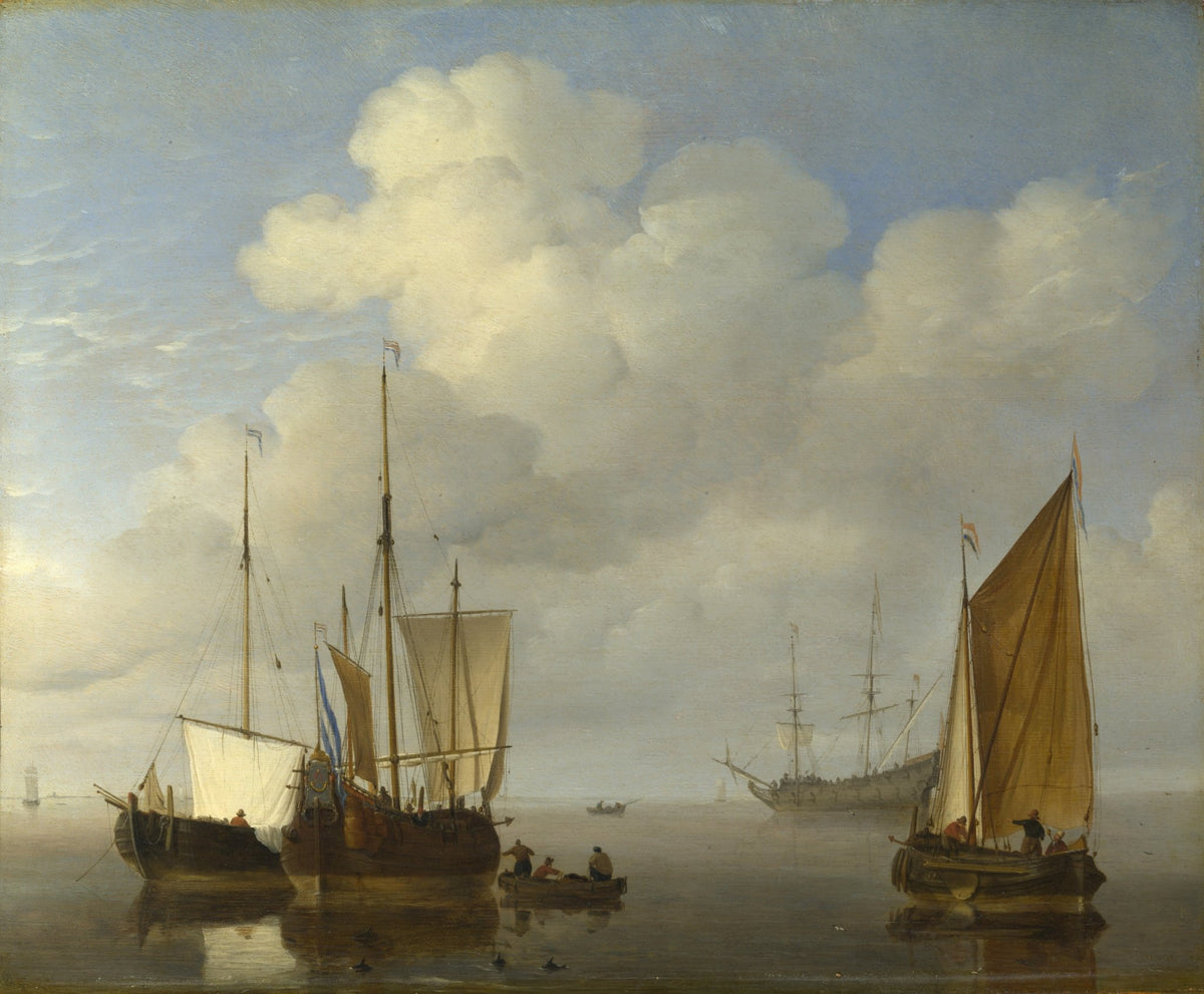 Hand-painted Dutch ships in calm morning waters nautical oil painting on canvas
