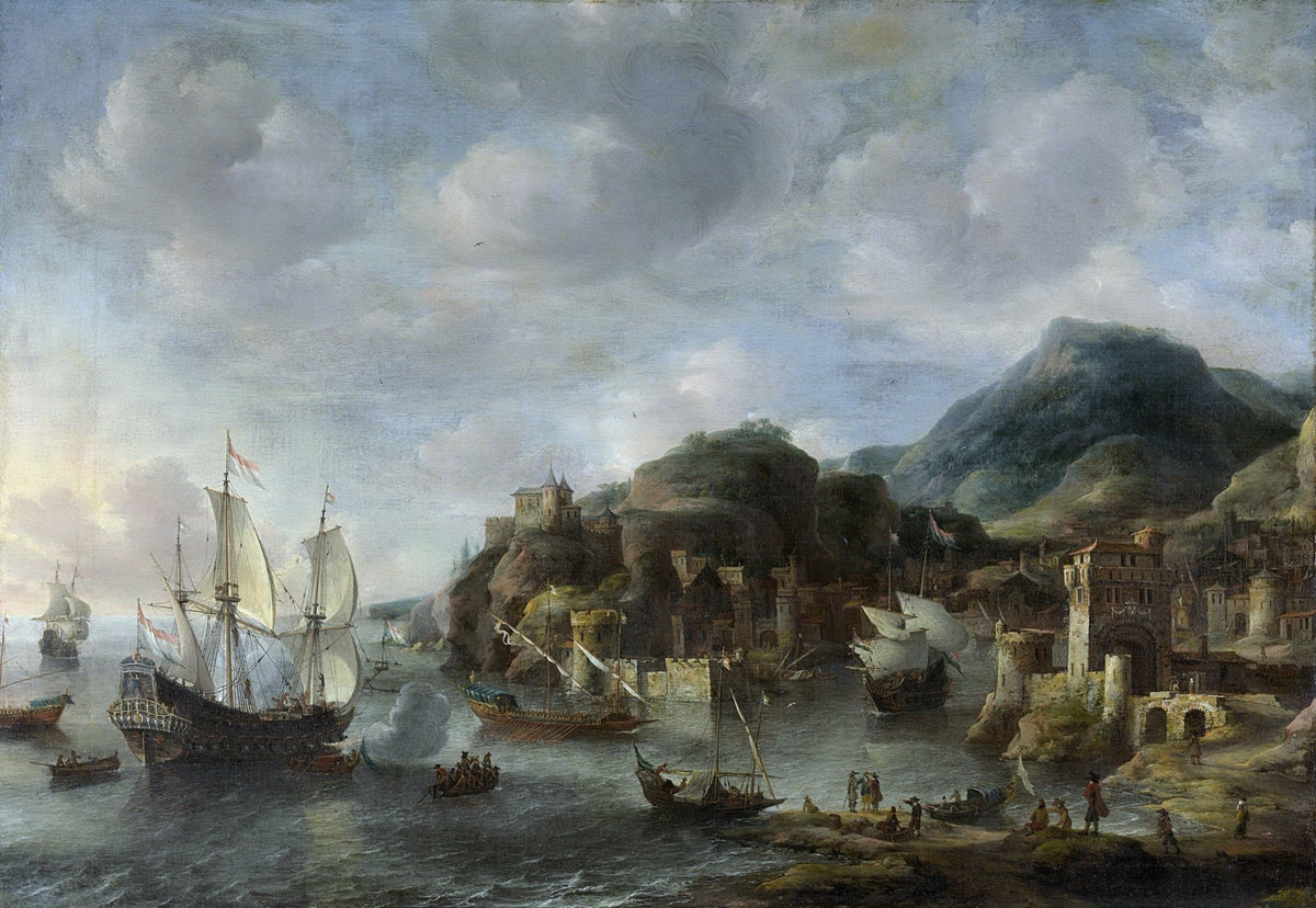 Hand-painted Dutch ships in mountain harbor nautical oil painting on canvas