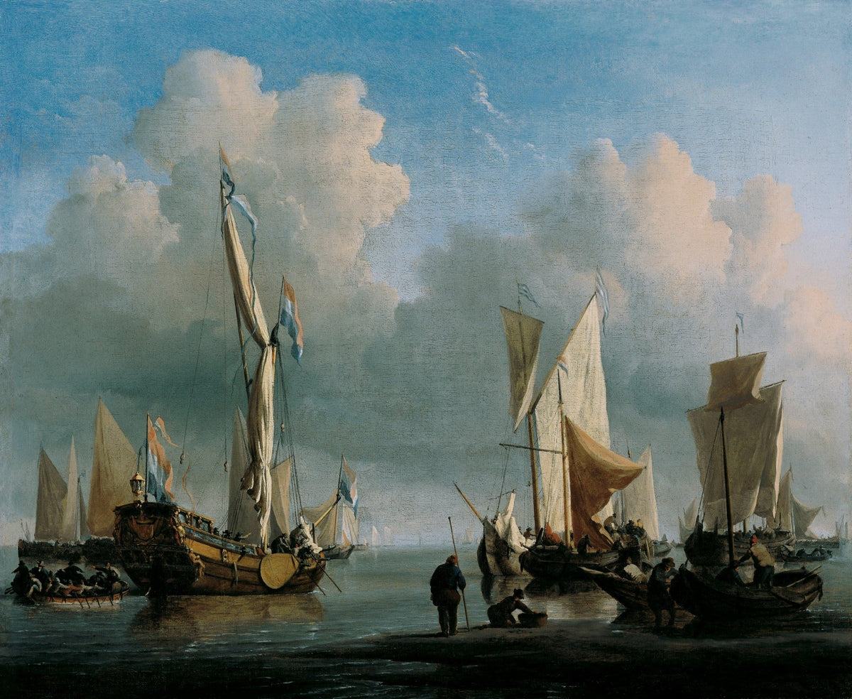 Hand-painted Dutch ships off the coast at dawn nautical oil painting on canvas