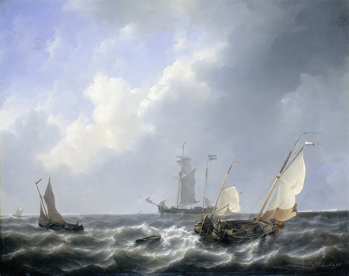 Hand-painted Dutch ships on stormy coastal waters nautical oil painting on canvas