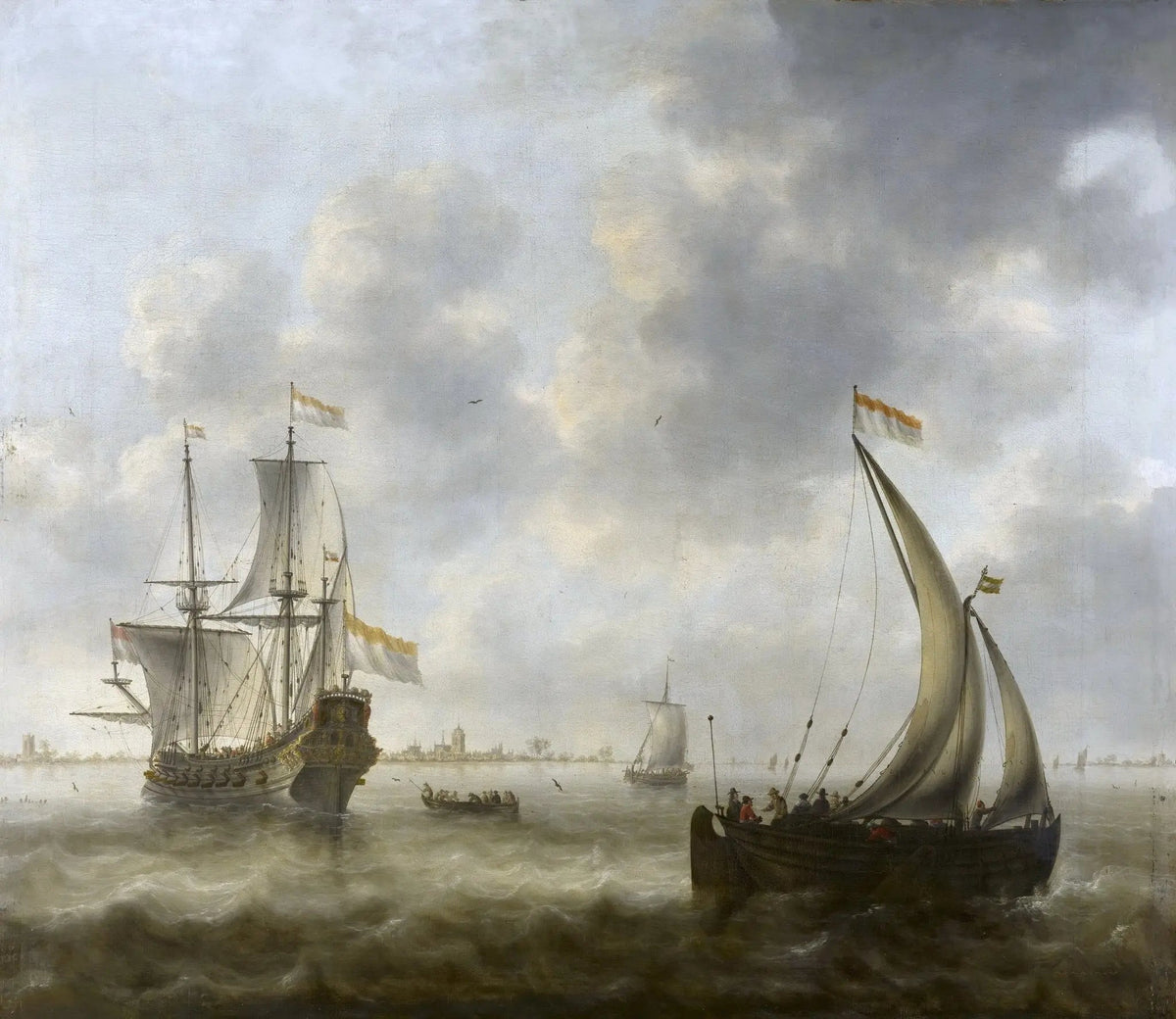 Hand-painted Dutch ships on stormy waters nautical oil painting on canvas