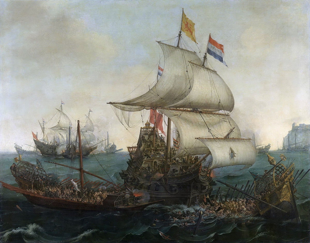 Hand-painted Dutch ships overrunning spanish galleys nautical oil painting on canvas