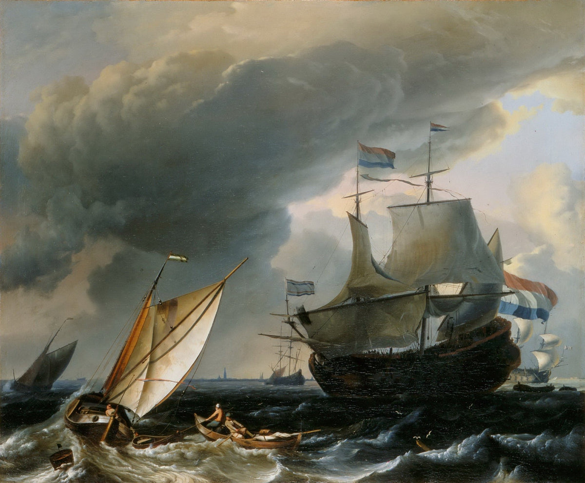 Hand-painted Dutch ships under dramatic storm clouds nautical oil painting on canvas