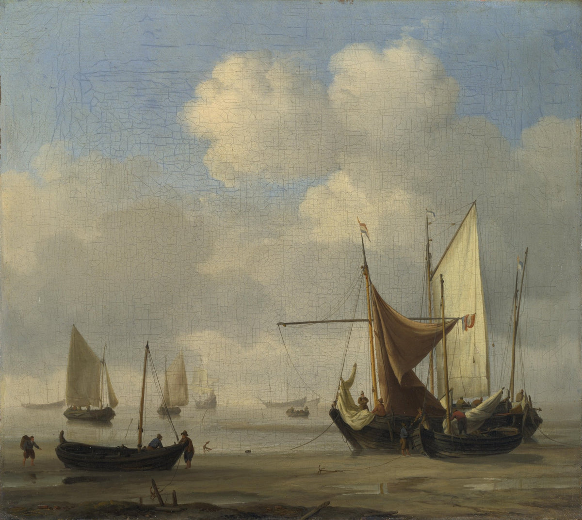 Hand-painted Dutch vessels aground at low tide nautical oil painting on canvas