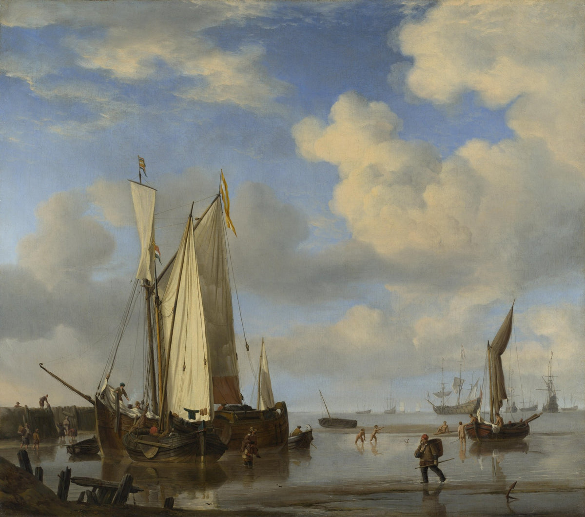 Hand-painted Dutch vessels inshore at low tide nautical oil painting on canvas