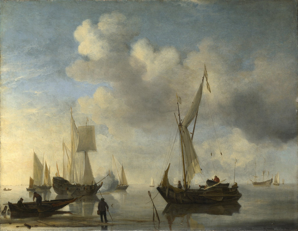 Hand-painted Dutch vessels saluting in calm waters nautical oil painting on canvas