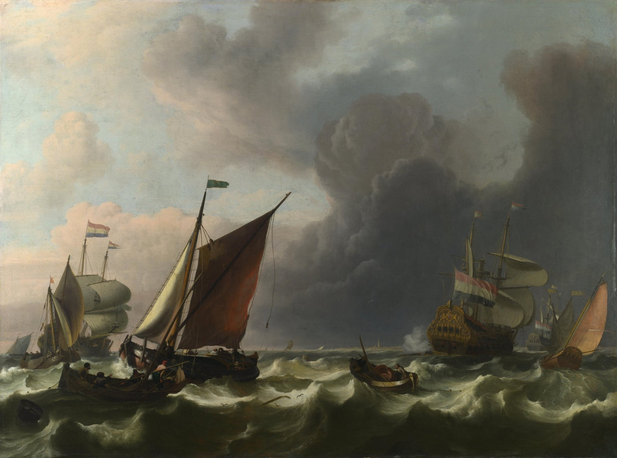 Hand-painted Dutch warships in stormy sea nautical oil painting on canvas