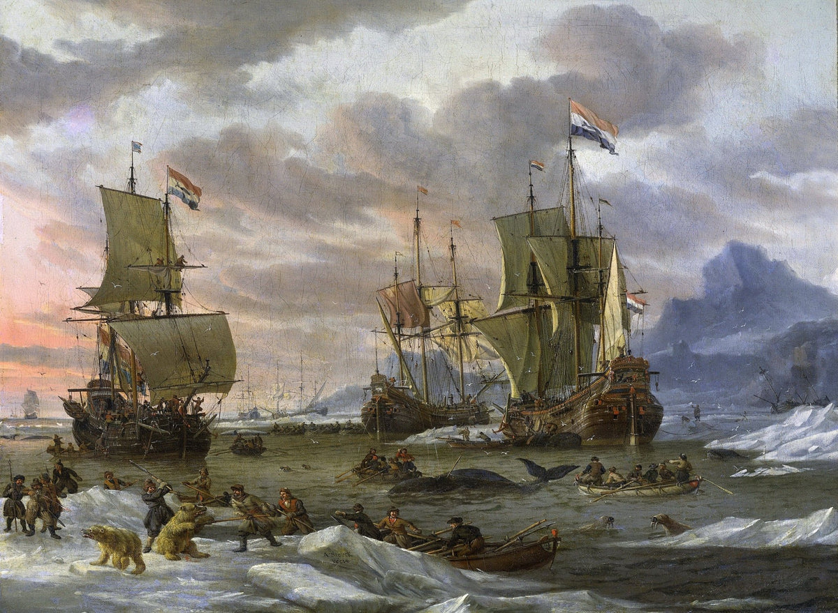 Hand-painted Dutch whaling ships in Arctic waters nautical oil painting on canvas