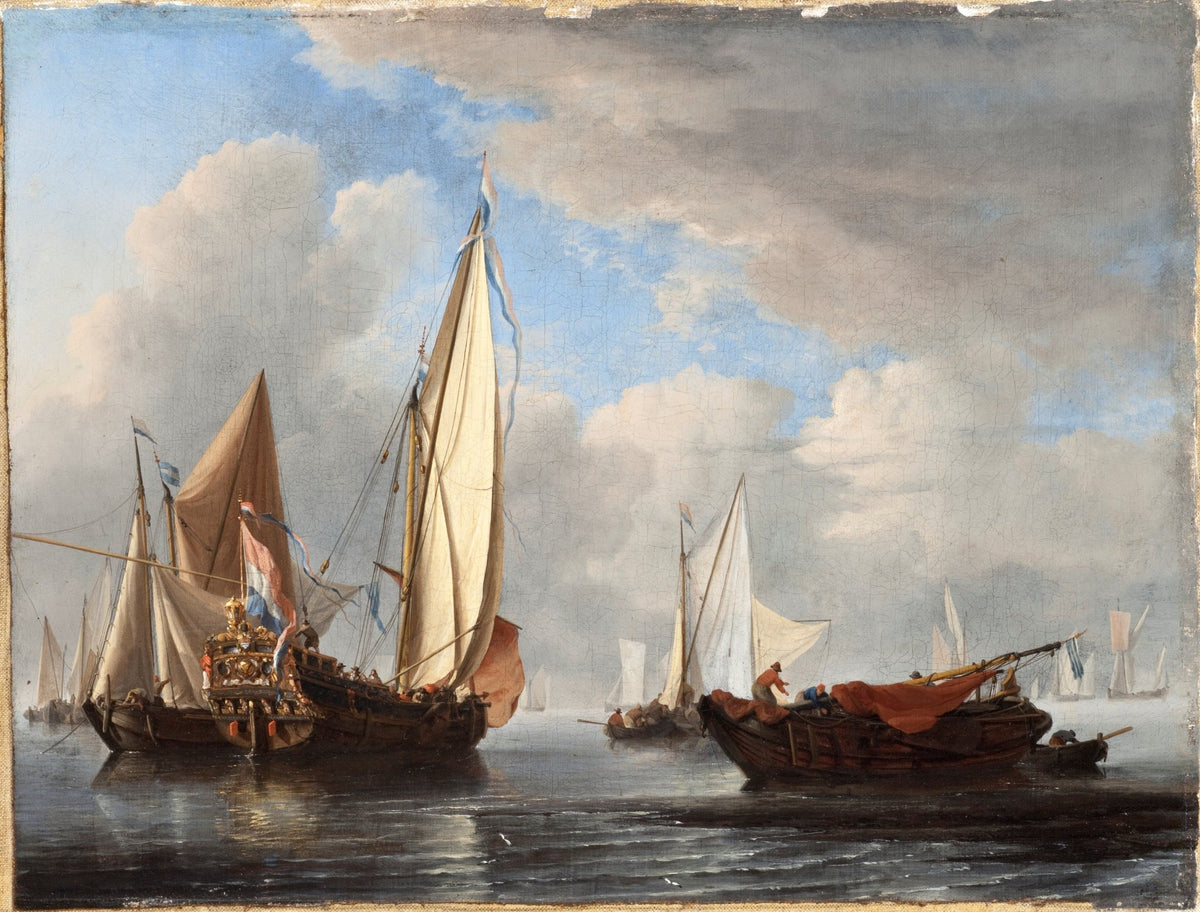Hand-painted Dutch yacht and vessels in calm sea nautical oil painting on canvas
