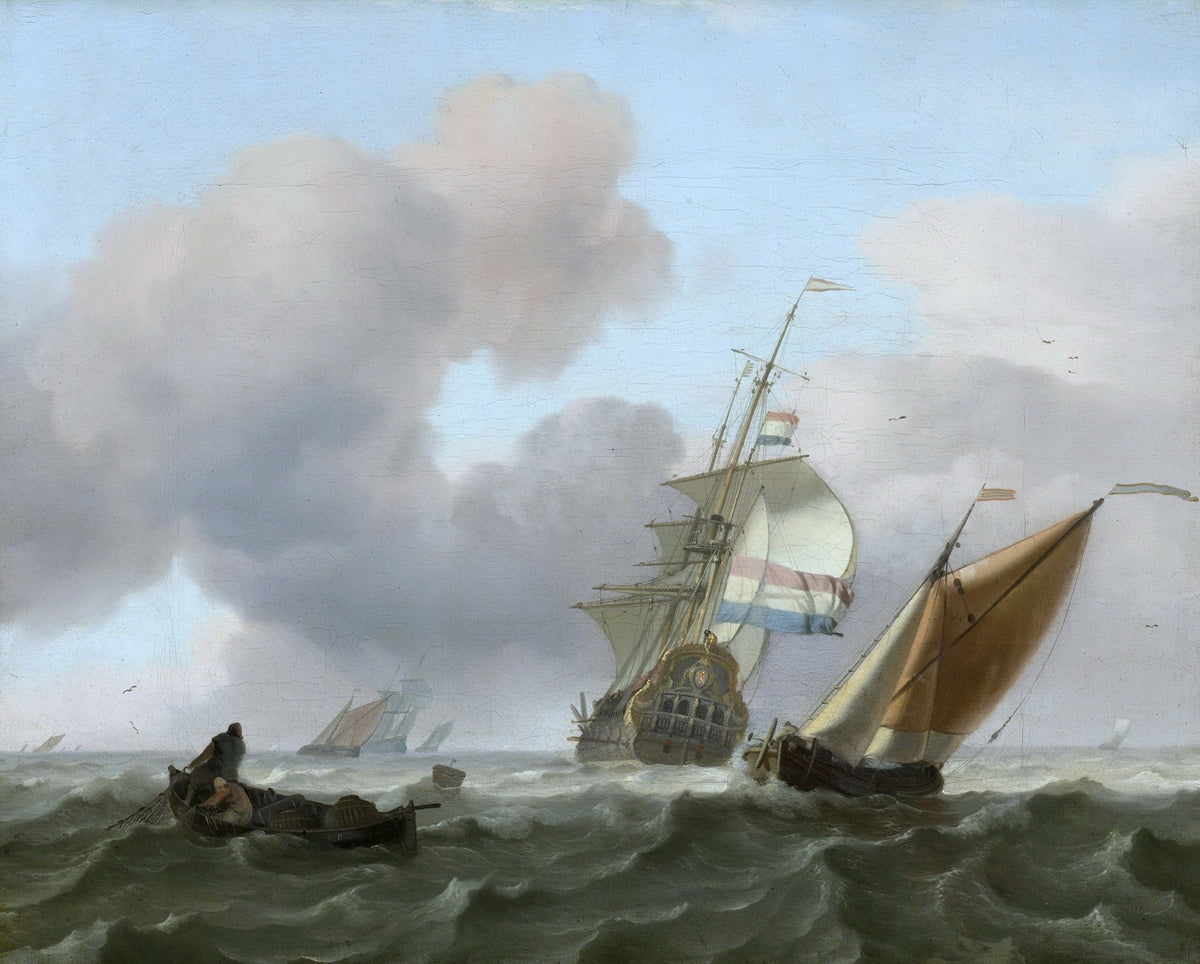 Hand-painted Dutch yacht in rough sea waves nautical oil painting on canvas