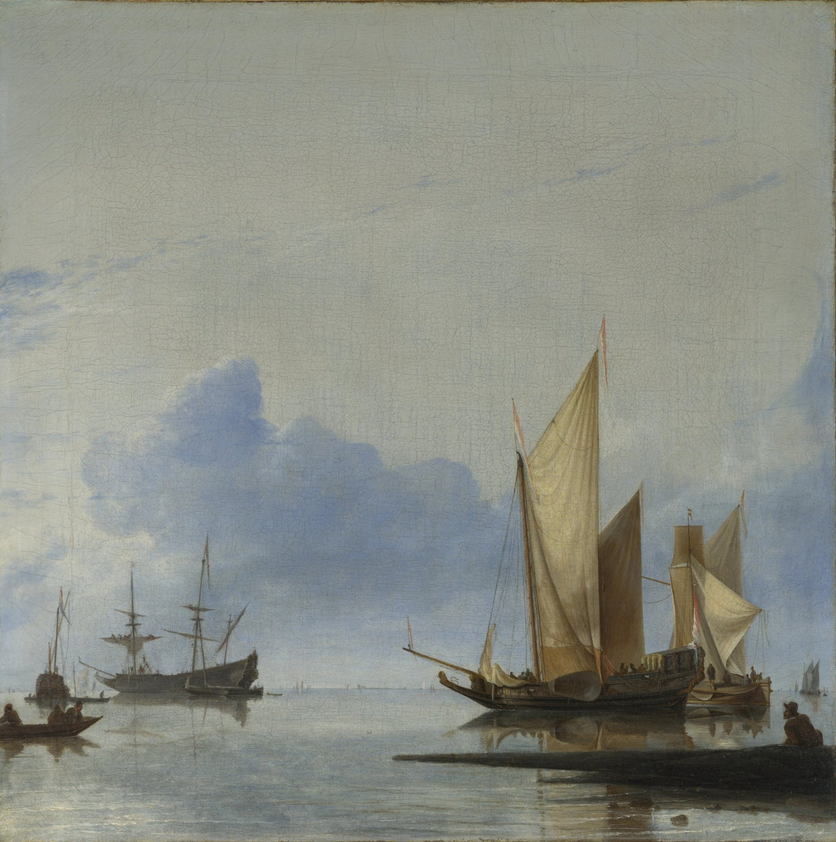 Hand-painted Dutch yacht on calm shore water nautical oil painting on canvas