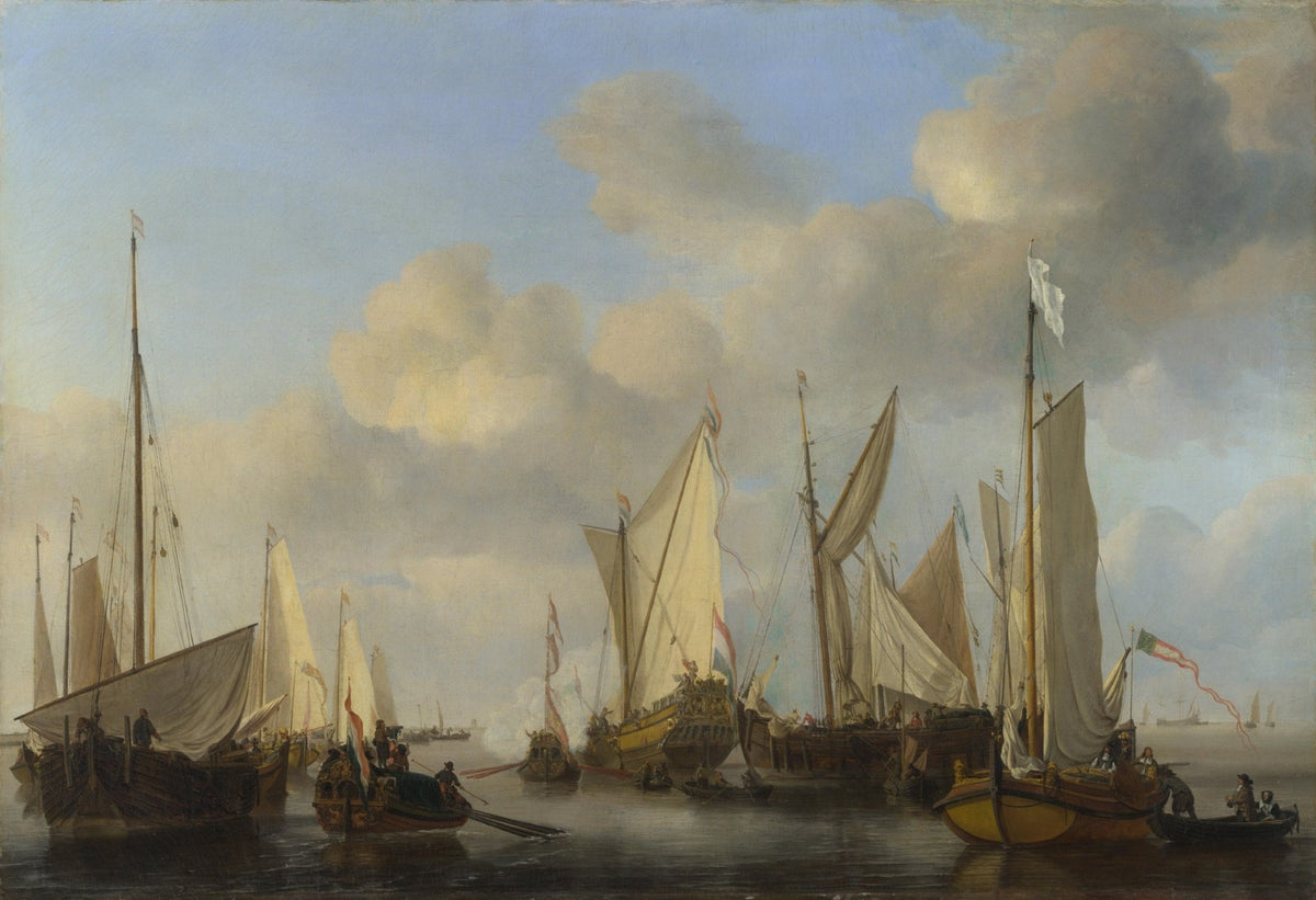 Hand-painted Dutch yacht saluting in calm harbor nautical oil painting on canvas