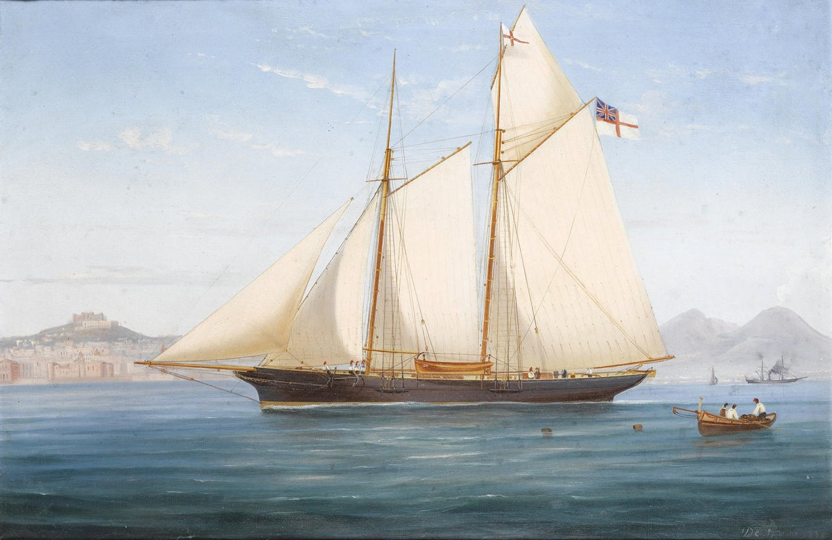 Hand-painted elegant schooner on calm coastal waters nautical oil painting on canvas