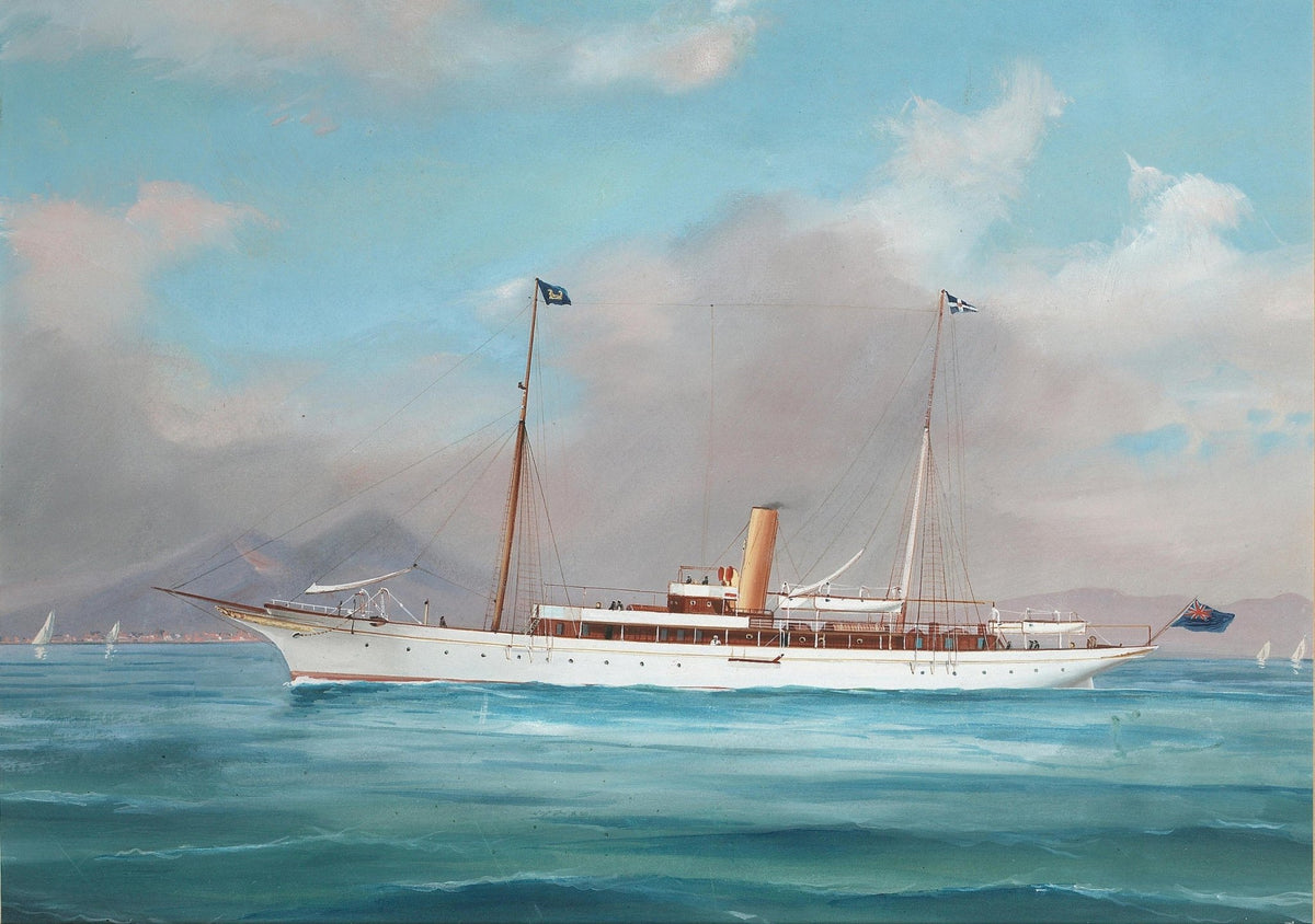 Hand-painted elegant steam yacht on calm blue sea nautical oil painting on canvas