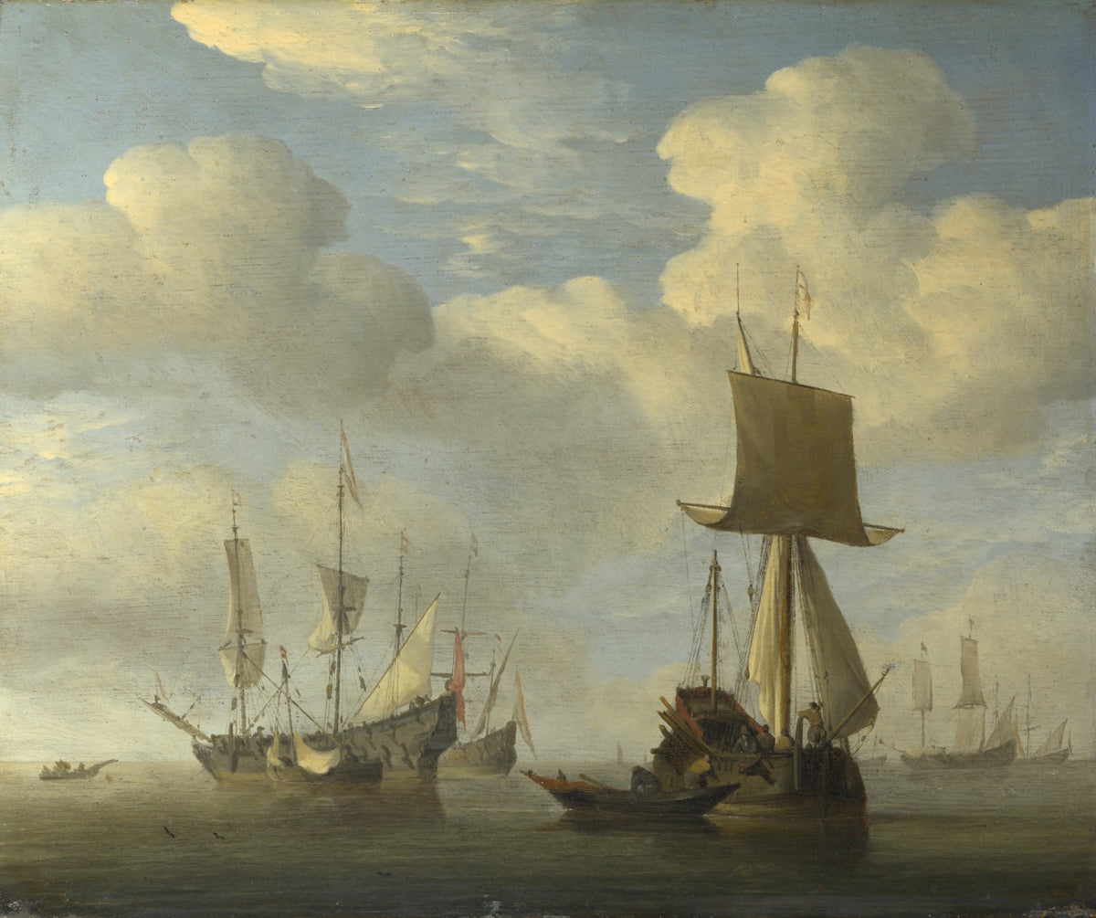 Hand-painted english vessel and Dutch ships becalmed nautical oil painting on canvas