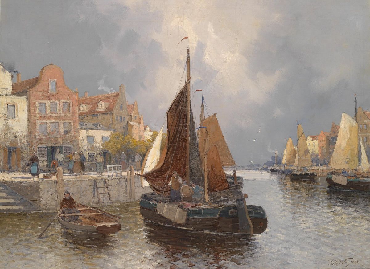 Hand-painted european harbor sailboats nautical oil painting on canvas
