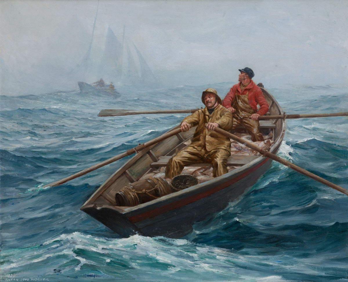 Hand-painted fishermen in rowboat on choppy sea nautical oil painting on canvas