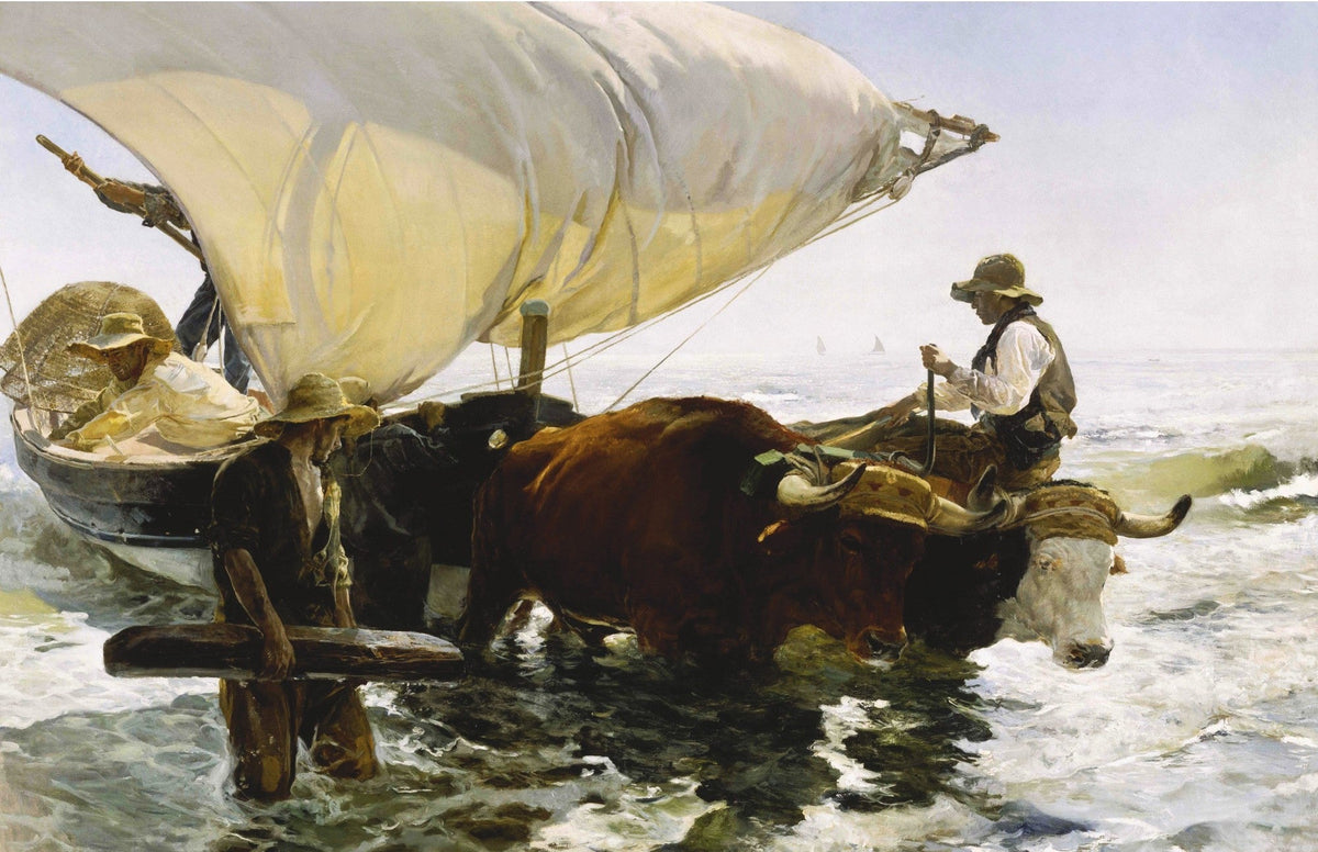 Hand-painted fishermen launching boat through surf nautical oil painting on canvas
