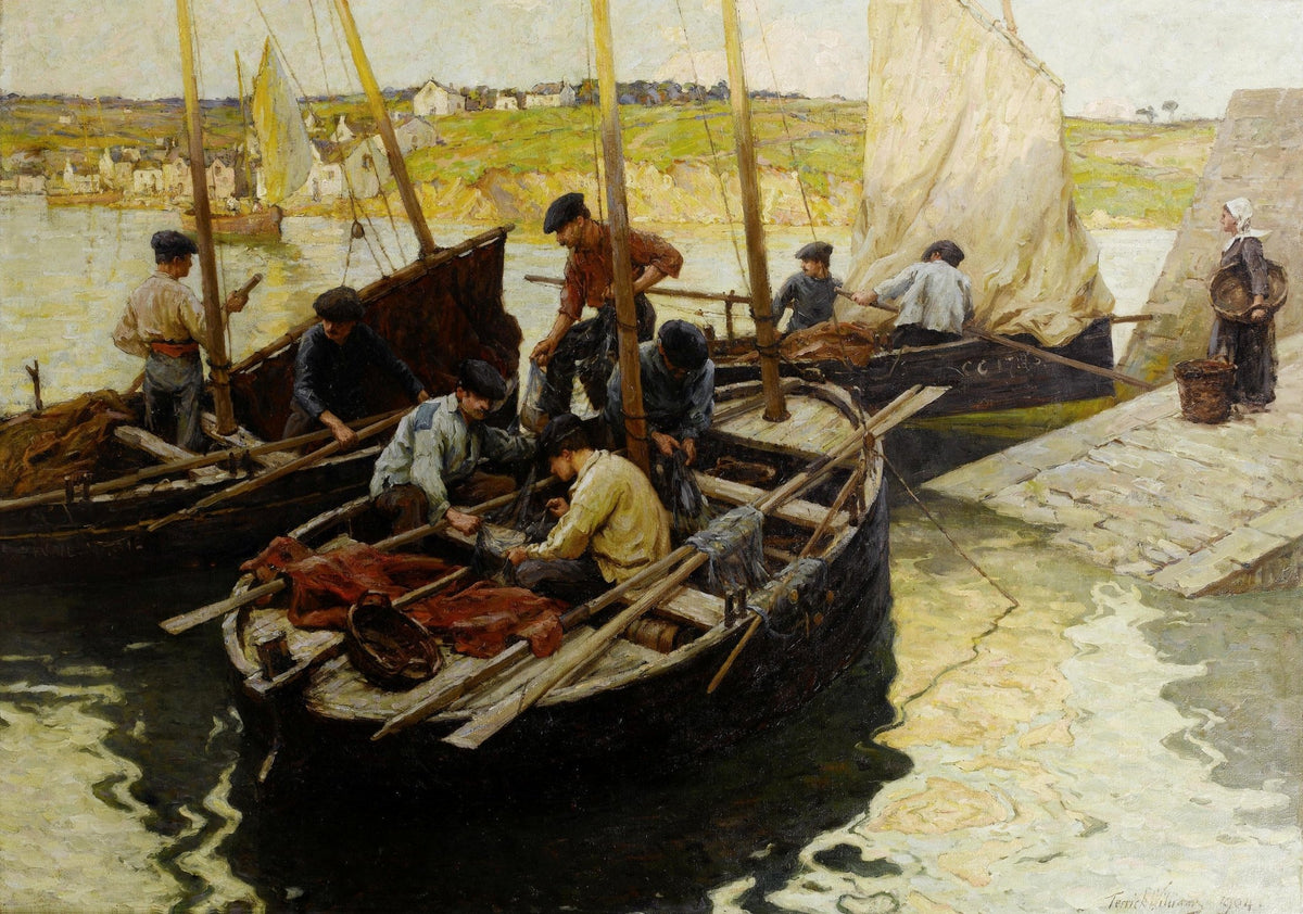 Hand-painted fishermen working in harbor boats nautical oil painting on canvas
