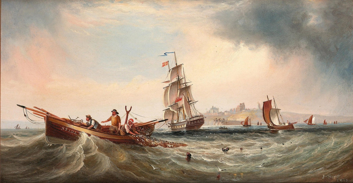 Hand-painted fishing boat and sailing ship at sea nautical oil painting on canvas