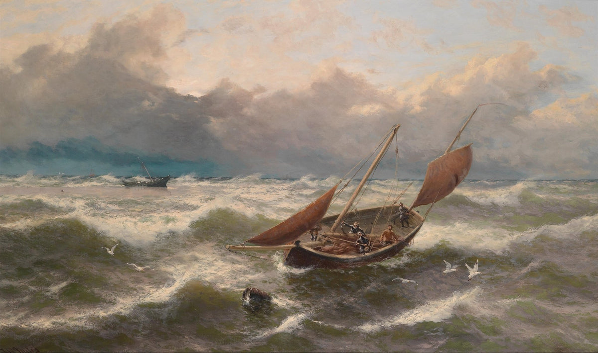 Hand-painted fishing boat in rough sea nautical oil painting on canvas