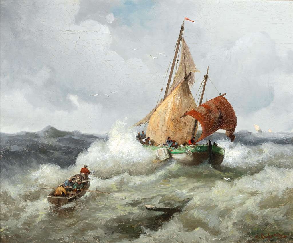 Peintures à l'huile nautiques - Bateau de pêche dans les vagues d'une mer agitée