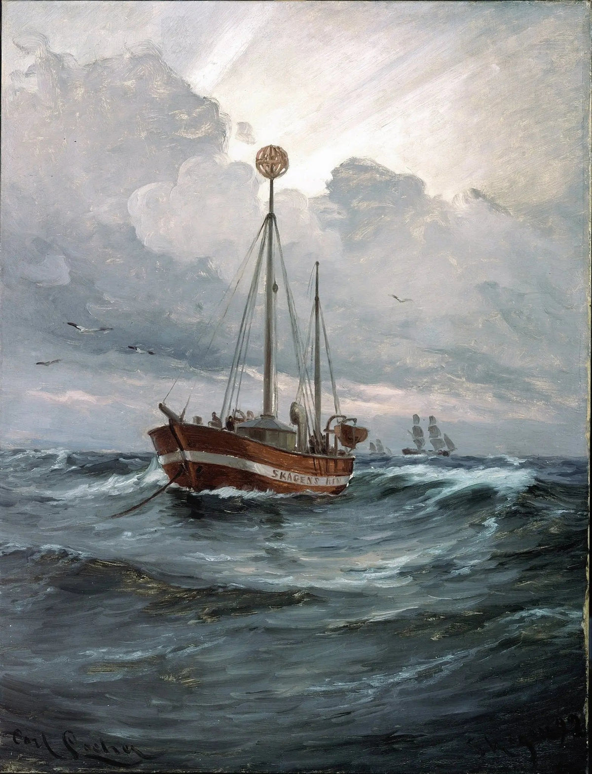 Hand-painted fishing boat in stormy seas nautical oil painting on canvas
