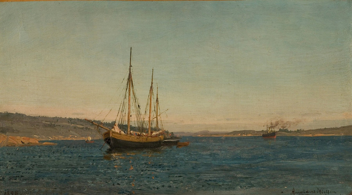 Hand-painted fishing boat on blue coastal bay nautical oil painting on canvas
