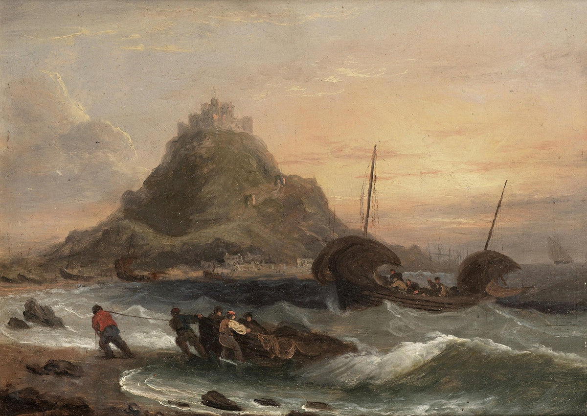 Hand-painted fishing boats by castle shore at sunset nautical oil painting on canvas