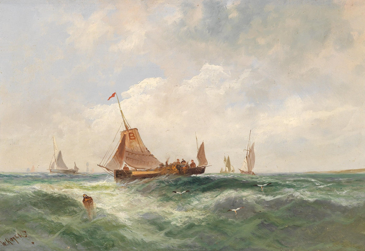 Hand-painted fishing boats on rolling waves nautical oil painting on canvas
