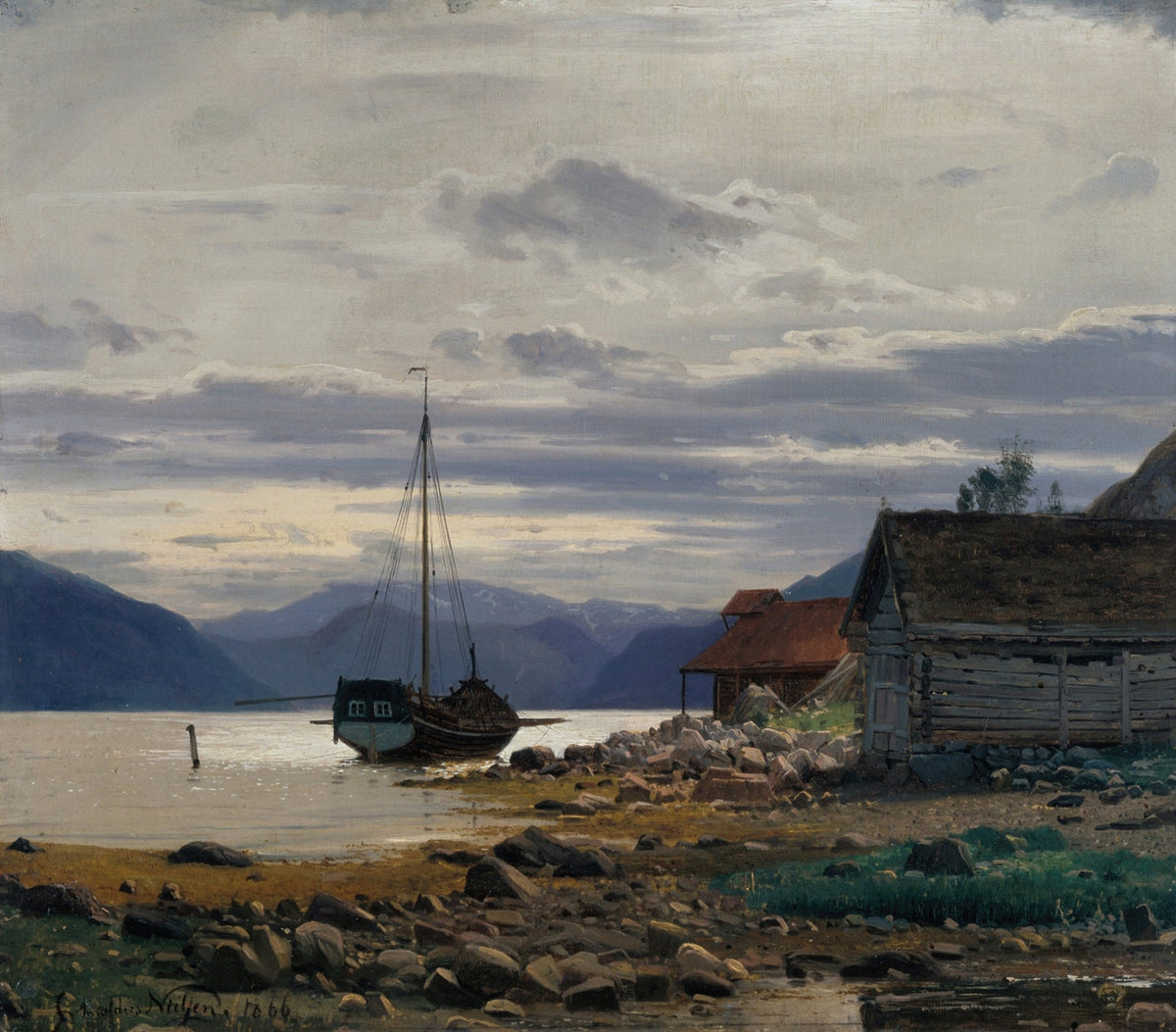 Hand-painted fjord boat at dusk nautical oil painting on canvas