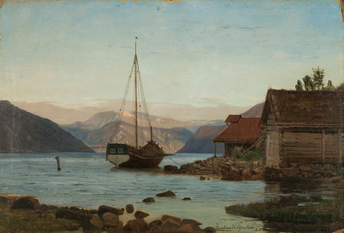 Hand-painted fjord boat by rustic shore nautical oil painting on canvas