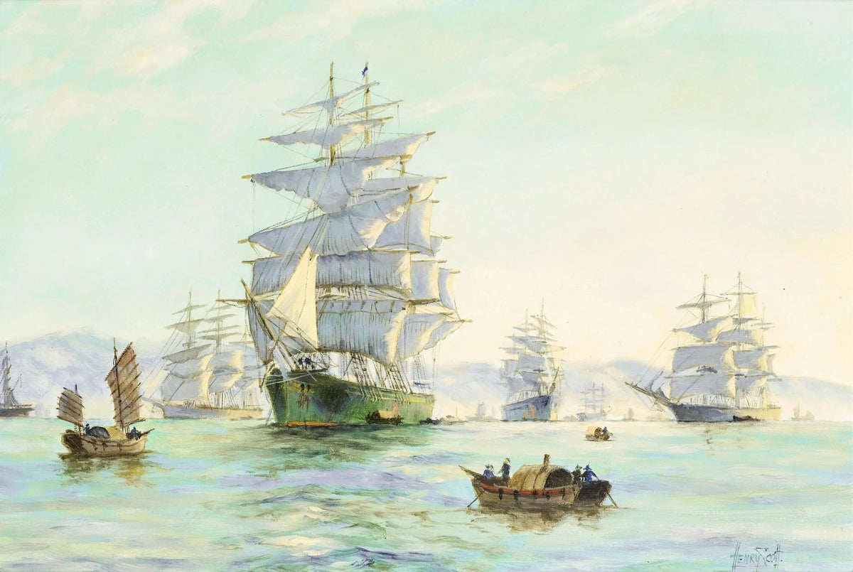 Hand-painted fleet of sailboats on calm sea nautical oil painting on canvas