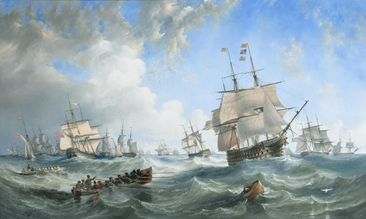 Hand-painted fleet of sailboats on rough sea nautical oil painting on canvas