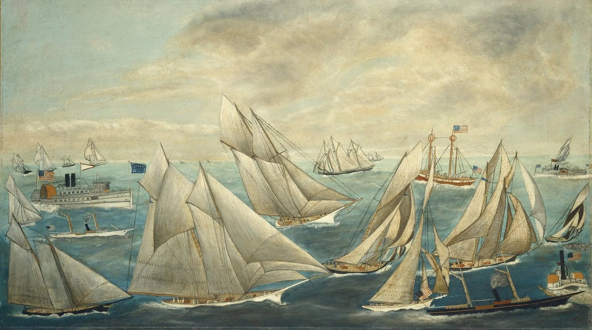 Hand-painted fleet of sailing ships at sea nautical oil painting on canvas