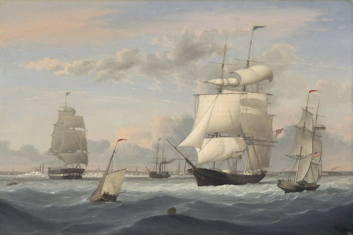 Hand-painted fleet of sailing ships on rough seas nautical oil painting on canvas