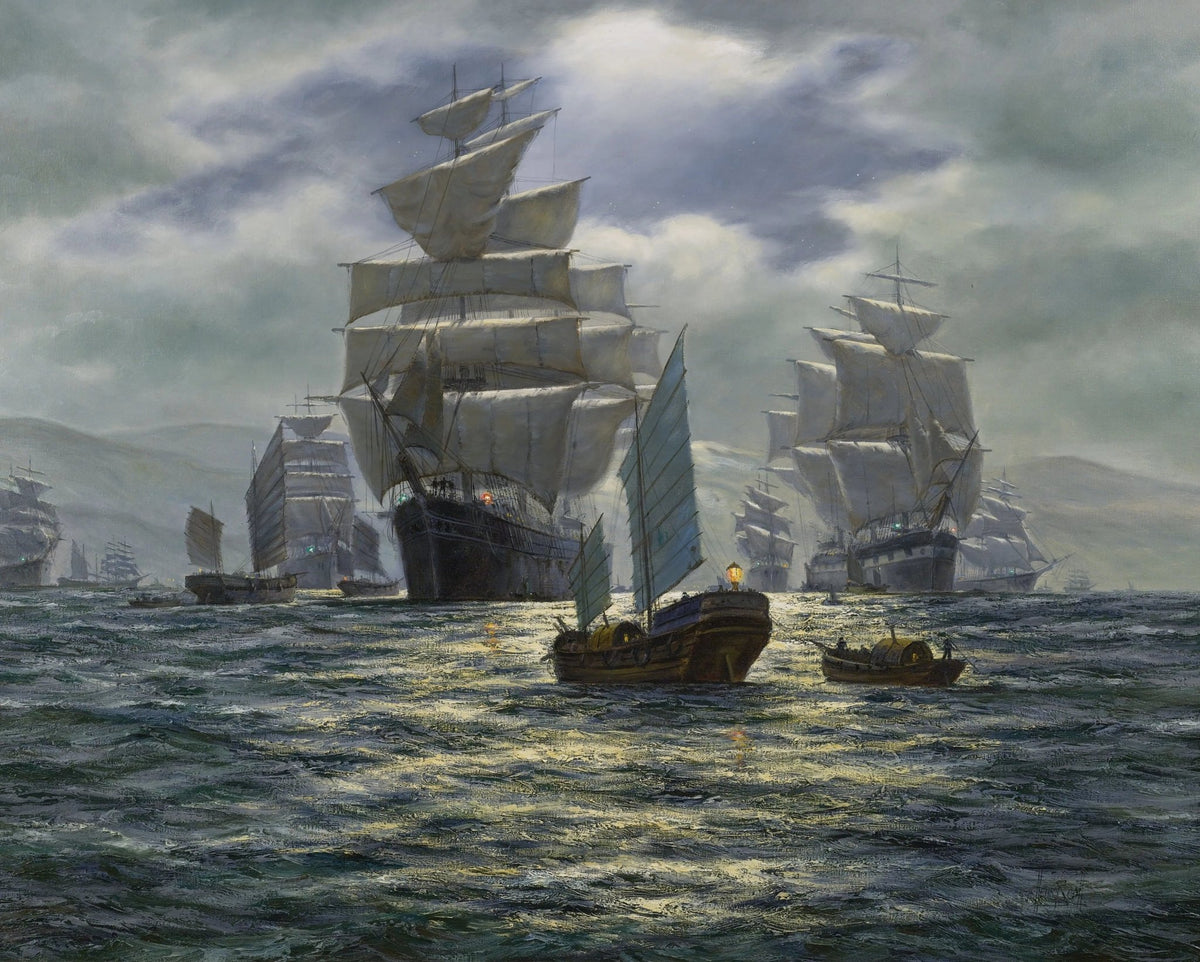 Hand-painted fleet of ships on moonlit sea nautical oil painting on canvas