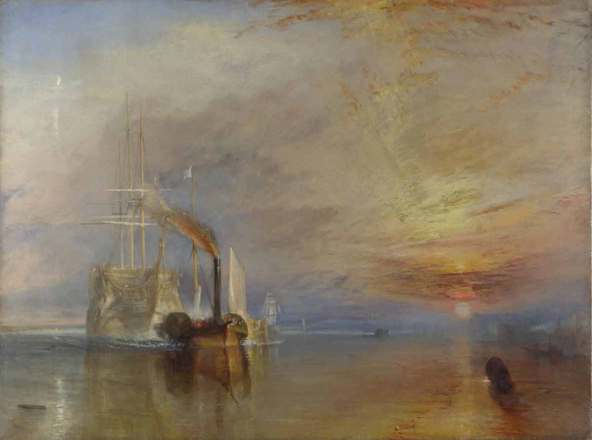 Hand-painted glowing sunset tall ship and tugboat nautical oil painting on canvas