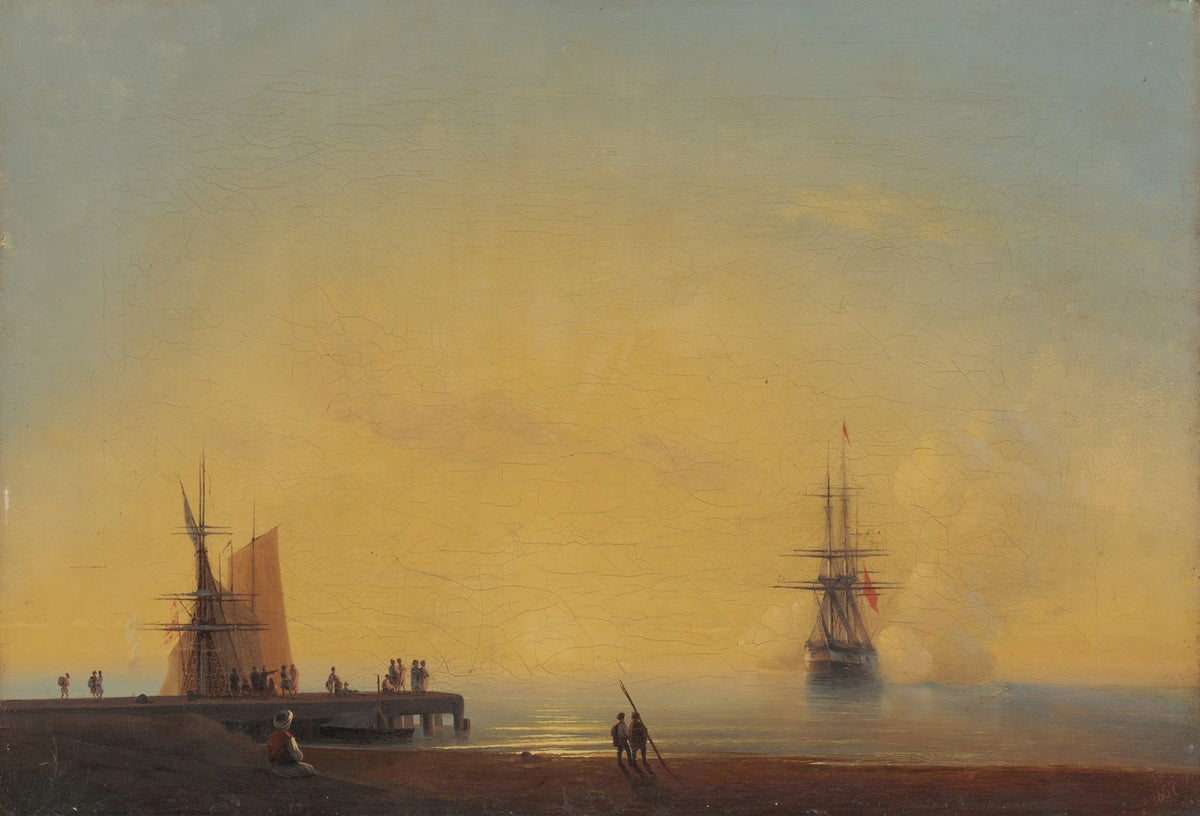 Hand-painted golden harbor at dusk nautical oil painting on canvas
