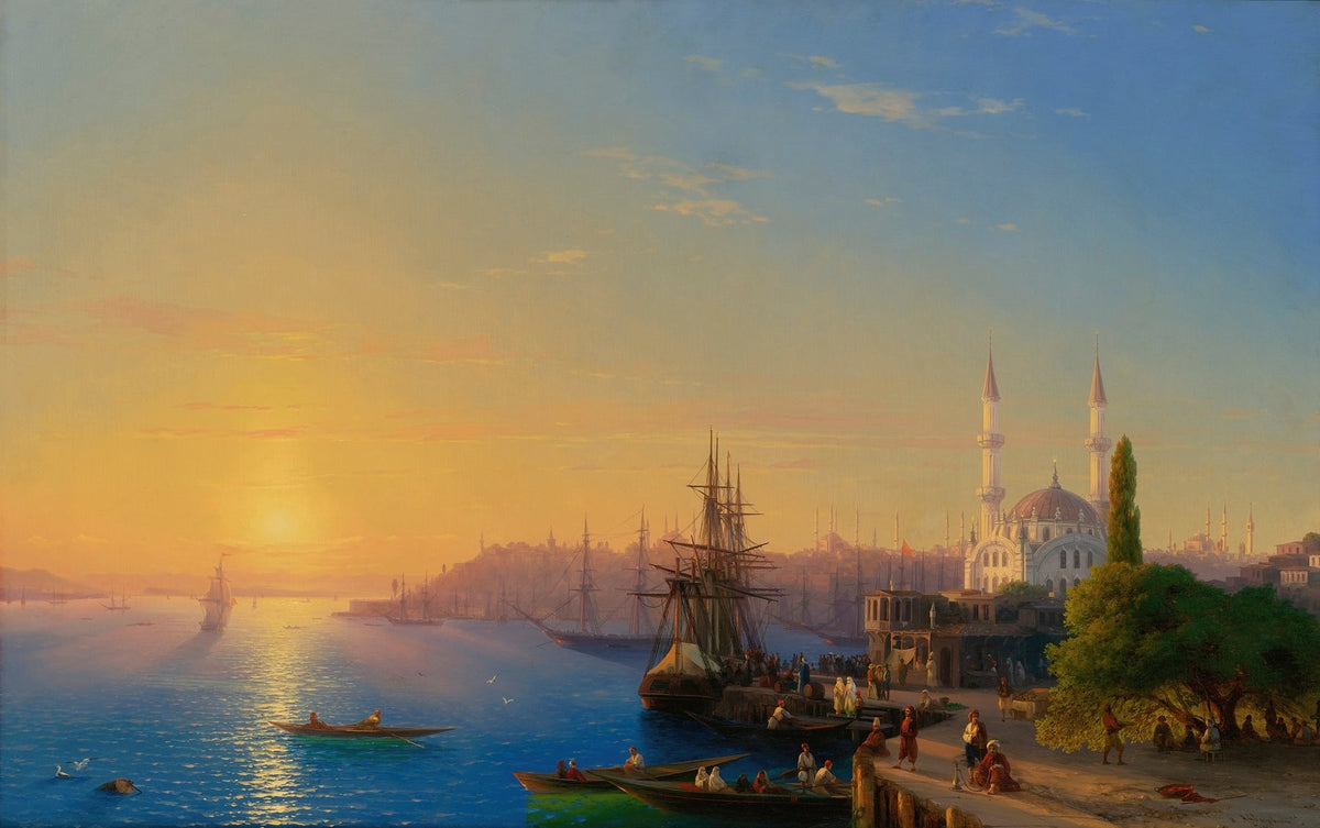 Hand-painted golden harbor at sunset nautical oil painting on canvas