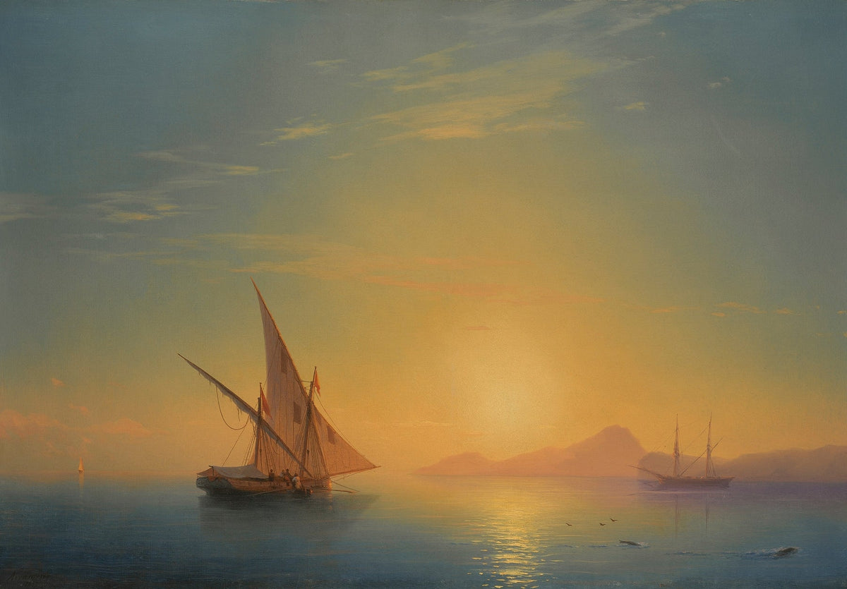 Hand-painted golden sunset sailing scene nautical oil painting on canvas