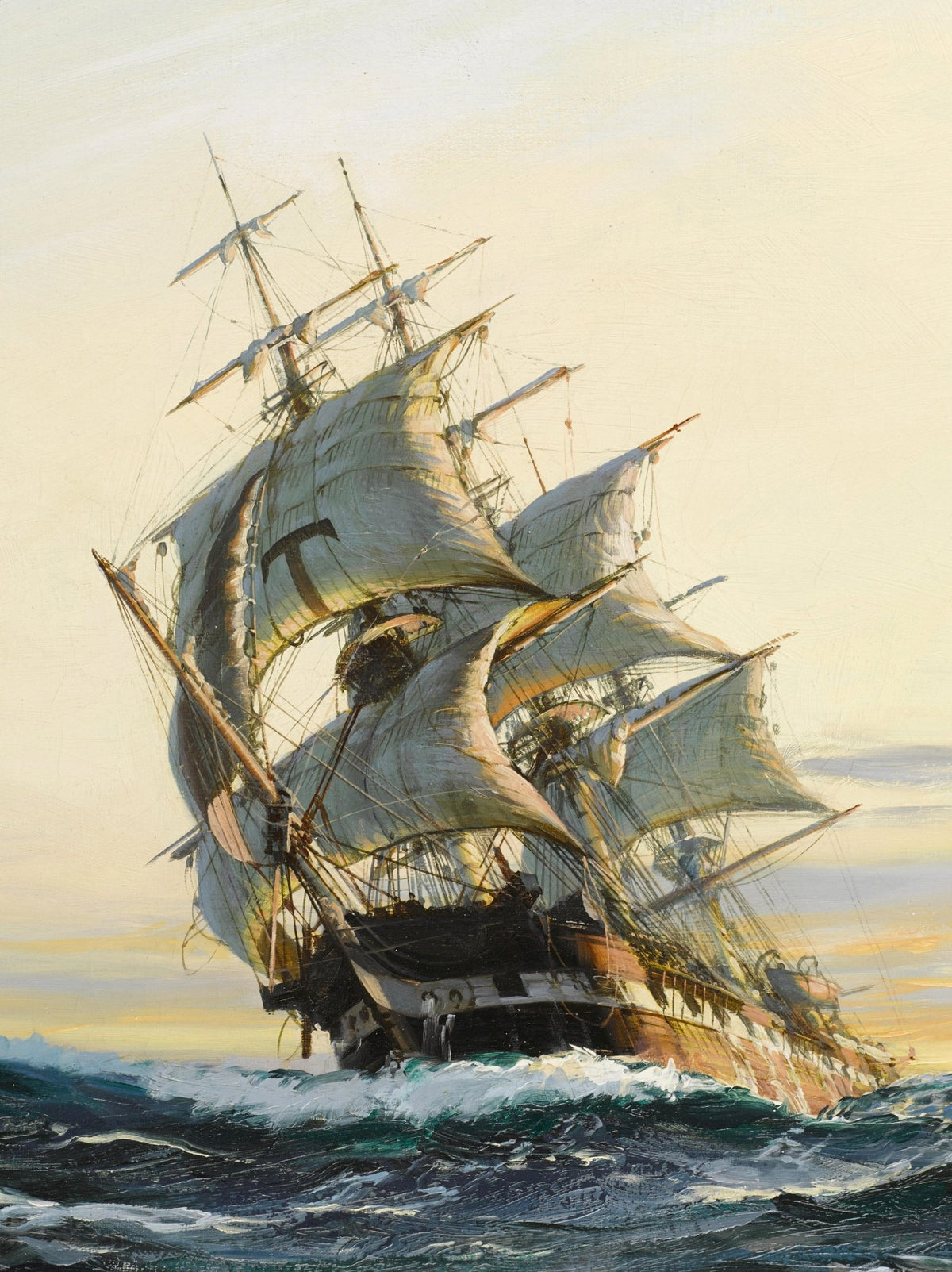 Hand-painted golden tall ship at sea, sunset sky nautical oil painting on canvas