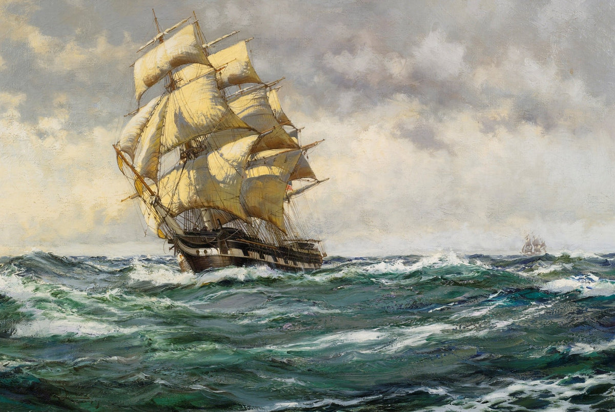 Hand-painted golden tall ship through ocean waves nautical oil painting on canvas
