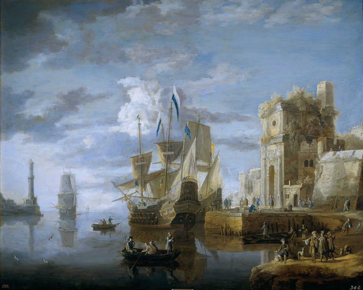 Hand-painted grand harbor ship by stone quay nautical oil painting on canvas