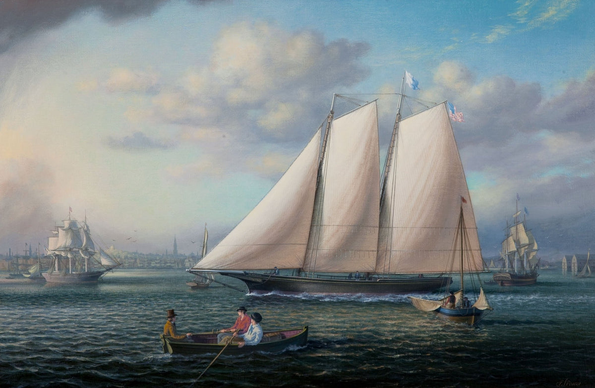 Hand-painted grand schooner in historic harbor light nautical oil painting on canvas